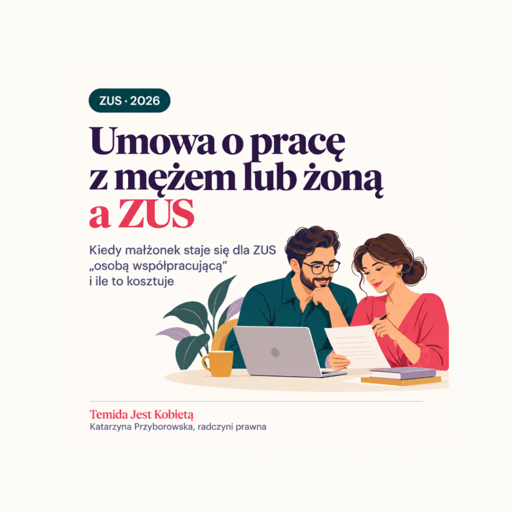 Umowa o pracę z mężem lub żoną a ZUS – okładka wpisu Temida Jest Kobietą